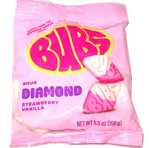 Pink package of Bubs Sour Diamond Strawberry Vanilla candy on a white background