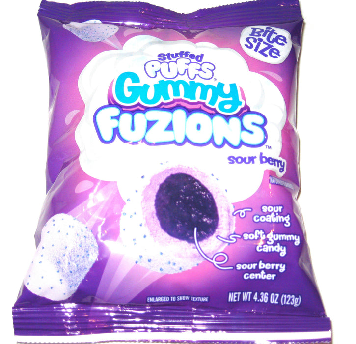 Purple package of Stuffed Puffs Gummy Fuzions Sour Berry candy on a white background
