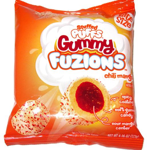 Packaging of Stuffed Puffs Gummy Fuzions chili mango flavor on a white background
