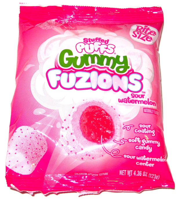 Pink package of Stuffed Puffs Gummy Fuzions Sour Watermelon candy on a white background