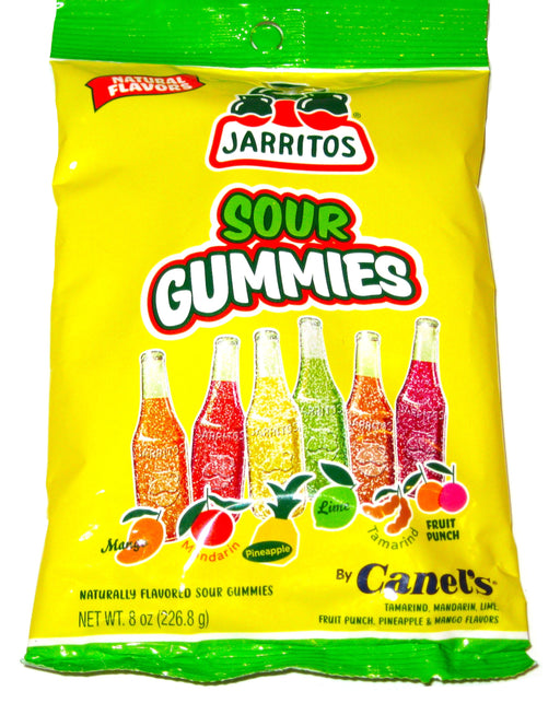 Jarritos Sour Gummies packaging with colorful gummy bears on a yellow background