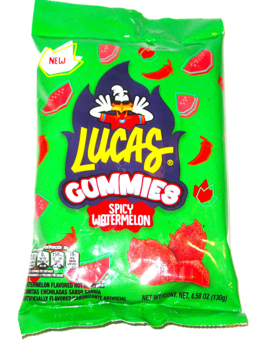 Green package of Lucas Gummies Spicy Watermelon on a white background