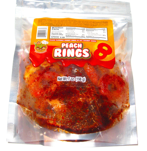 Chamoy Soaked Gummi Peach Rings 7oz bag