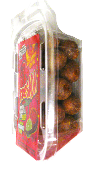 Chili coated strawberry gummy balls in an 8oz clam pack
