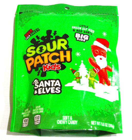 Green package of Sour Patch Kids with Santa and Elves design on a white background