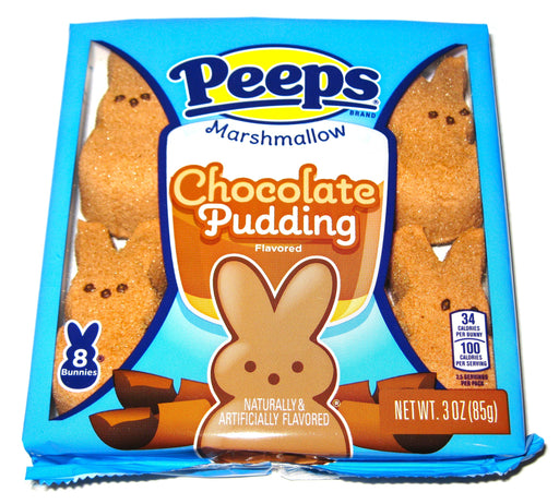 Packaging of Peeps Chocolate Pudding flavored marshmallows on a white background