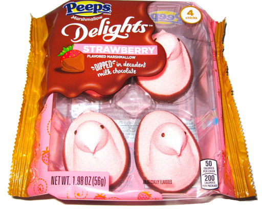 Packaged strawberry-flavored Peeps marshmallow treats with gold and pink design.