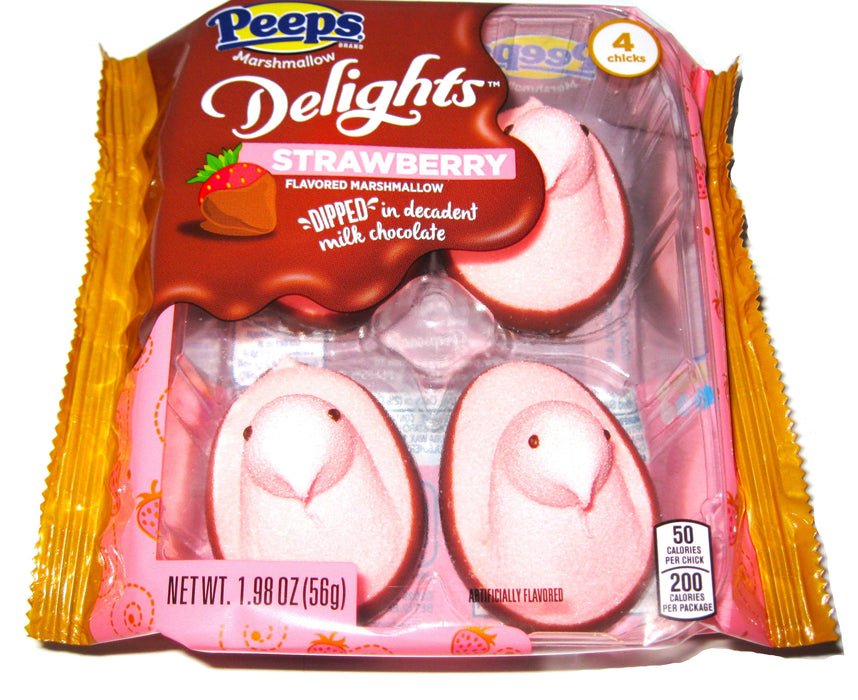 Packaged strawberry-flavored Peeps marshmallow treats with gold and pink design.