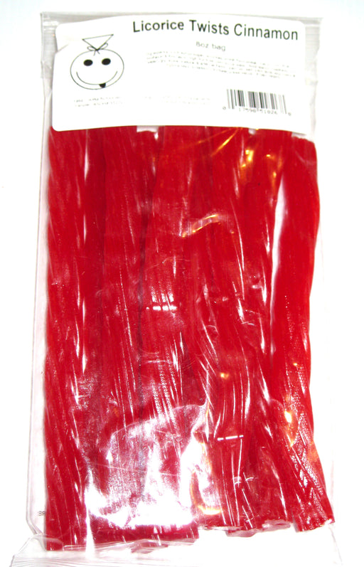 Bag of licorice twists cinnamon flavor in clear packaging with a label.