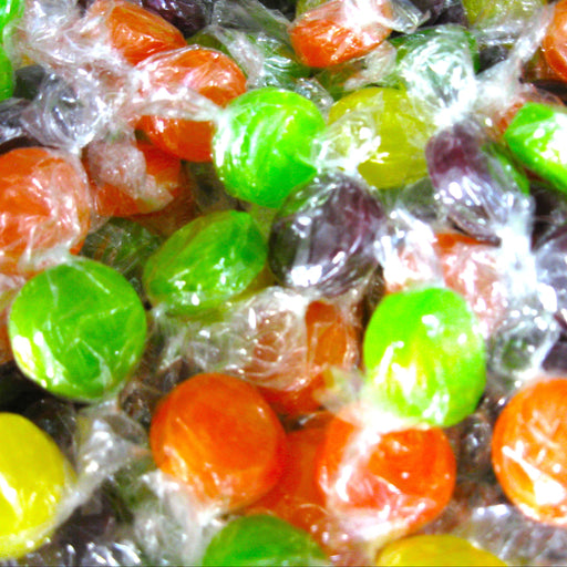 Assorted colorful candies in clear wrappers.