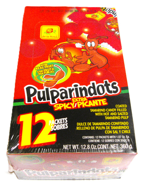 Box of Pulparindots Extra Spicy with cartoon characters on a red background