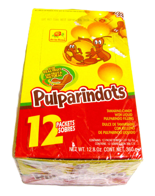 Pack of Pulparindots with cartoon characters on a yellow and red background