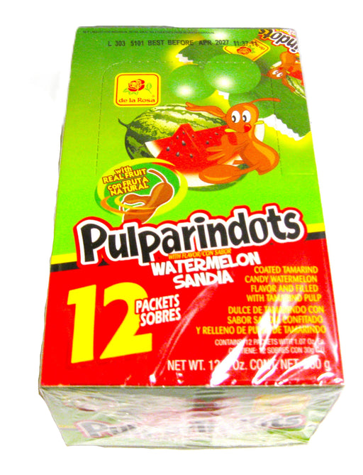 Box of Pulparindots watermelon candy with colorful design on a white background