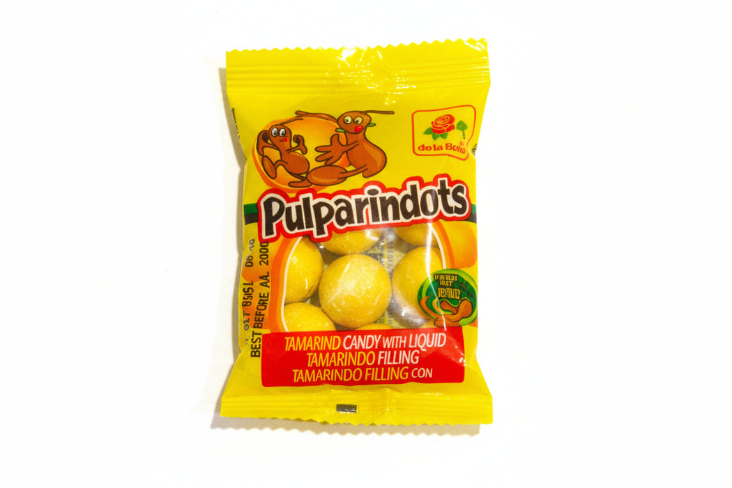 Packaging of Pulparindots candy with a cartoon character on a white background