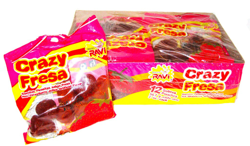 Dulces Ravi - Crazy Fresa - Strawberry Gummy Candy covered in Hot chili spices mexican 2oz pack 12ct box