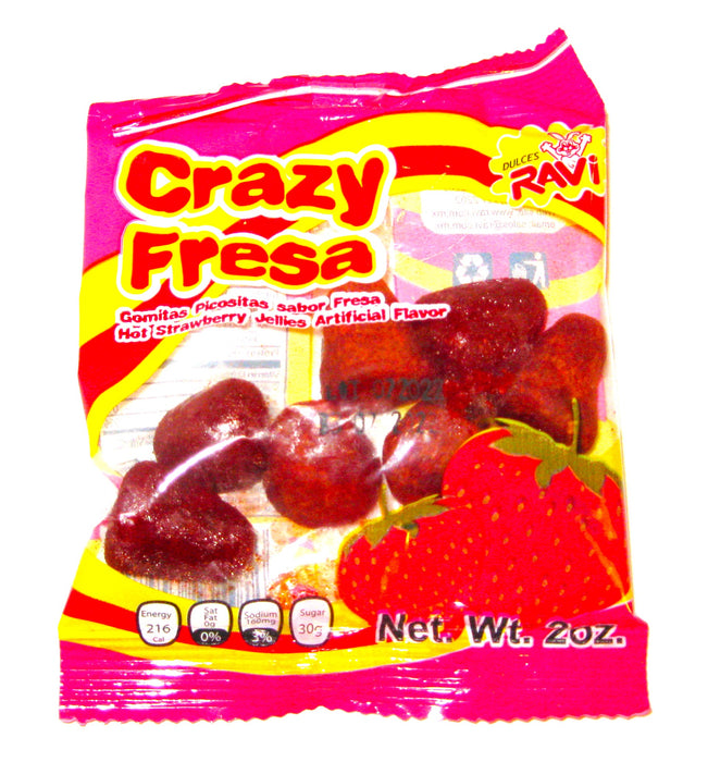 Dulces Ravi - Crazy Fresa - Strawberry Gummy Candy covered in Hot chili spices mexican 2oz pack 