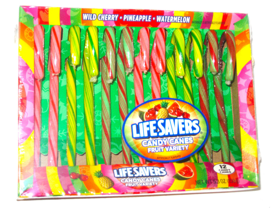 Celebrate the holiday season with Christmas Candy Canes Lifesavers 12ct box. These traditional treats now come in wild cherry, pineapple, and watermelon flavors - perfect for gifting or decorating your tree. Add a pop of fruity sweetness to your festivities!