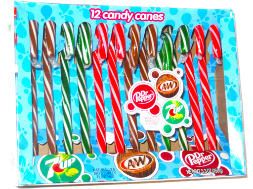 Looking for a festive treat for the holiday season? Look no further than our Christmas Candy Canes Dr Pepper, A&amp;W Root Beer, and 7 UP 12ct box! These candy canes come in a variety of flavors, making them the perfect addition to any Christmas tree or as a gift for your loved ones. Don't settle for just peppermint, try something new and delicious this holiday season!