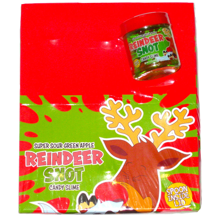 Kids love candies that are packed with humor, and boy do we have a good one for you this year! Your little ones can pretend that they got sneezed on by a Reindeer with this candy slime! This green slime candy features a super sour green apple flavor and includes a spoon inside. -9ct Box