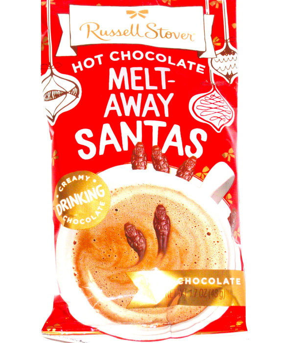 Packaging of Russell Stover Hot Chocolate Melt-Away Santas with a red background.