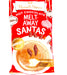Packaging of Russell Stover Hot Chocolate Melt-Away Santas with a red background.