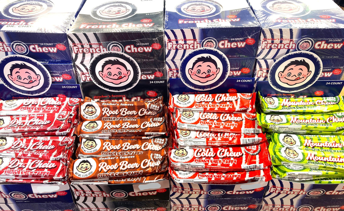 Indulge in the nostalgia of classic American candy with Doschers Soda Pop Chews! Available in 4 Soda Pop inspired Flavors of Root Beer, Original Cola, Dr Pepper and Mountain Dew in 1.5oz Bars. Made by Doscher's Candy Co in Ohio, this version of the popular French Chew ( similar to the old school Bonomo's Turkish Taffy) offers a delicious chewy taffy like bite of soda pop flavor! Eat it by biting a piece off or smack it and Crack it open for small soda-poppable bite-sized pieces and enjoy the perfect balance