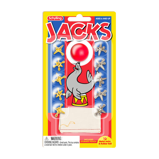 Schylling Jacks toy packaging with colorful design and text.