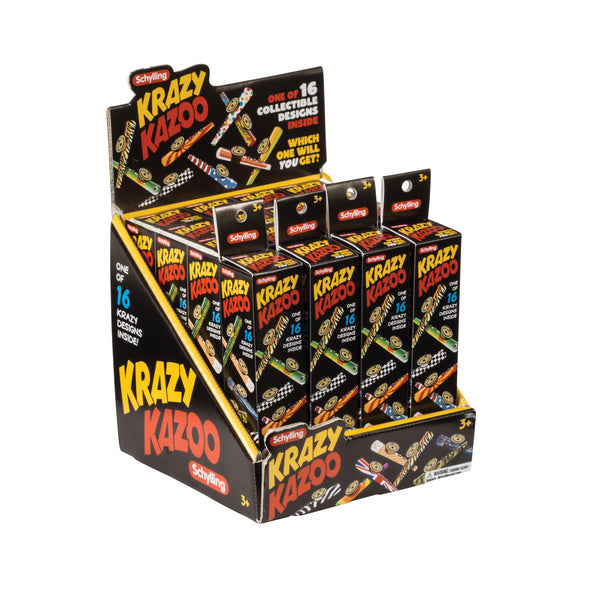 Display box of Krazy Kazoo toys with colorful packaging on a white background