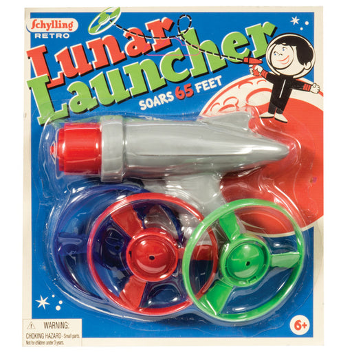 Schylling Retro Lunar Launcher toy packaging with rocket design on a blue background