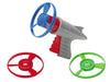 Toy water gun with blue, red, and green nozzles on a white background