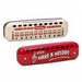 front and back of Schylling harmonica, red and white metal
