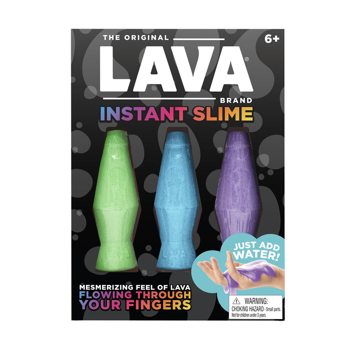Packaging of Lava Instant Slime with green, blue, and purple bottles on a black background.