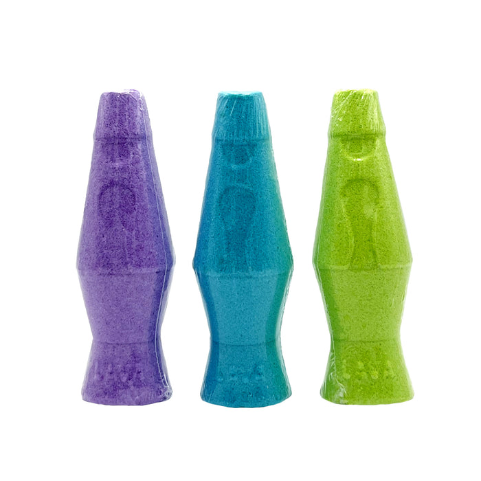 Three colorful lava lamps in purple, blue, and green on a white background