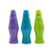 Three colorful lava lamps in purple, blue, and green on a white background