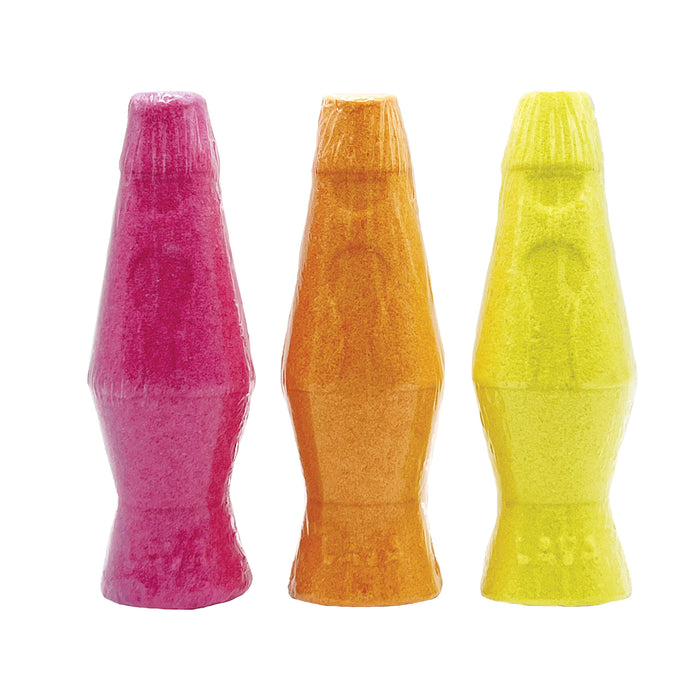 Three colorful lava lamps in pink, orange, and yellow on a white background