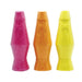 Three colorful lava lamps in pink, orange, and yellow on a white background