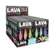 Display box of LAVA instant slime with colorful bottles on a white background