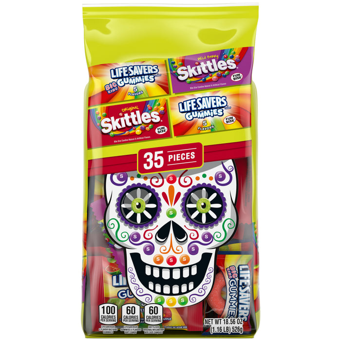 Indulge in the ultimate Sugar lover's treat this Halloween with this 35ct bag of Mars Skittles Original, LifeSavers Original 5 Flavor Hard Candies, Skittles Wild Berry, and Life Savers Gummies! Weighing in over 1 pound of mouth-watering goodness, makes this Perfect for Trick or Treaters, or satisfying all your sweet cravings!