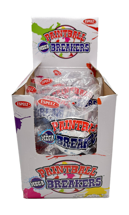 Step right up and get ready for a taste explosion with Paintball Breakers! Over twice the size of the original 1.75'' breakers, these MEGA jawbreakers will send your taste buds on a wild adventure, with layers of ever-changing color and flavor. Available in a convenient 18-count box or a 4.94oz single jaw breaker. Its like a Super Sized Everlasting Gobstopper!