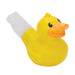 Yellow rubber duck with a white bottle cap on a white background