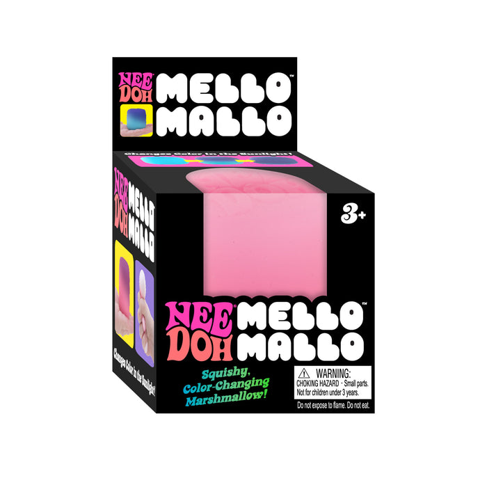 Mello Mallo marshmallow toy packaging with pink marshmallow inside on a white background