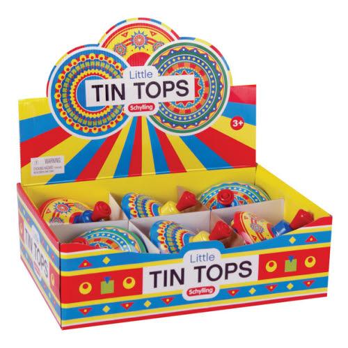 Colorful packaging of Little Tin Tops by Schylling on a white background