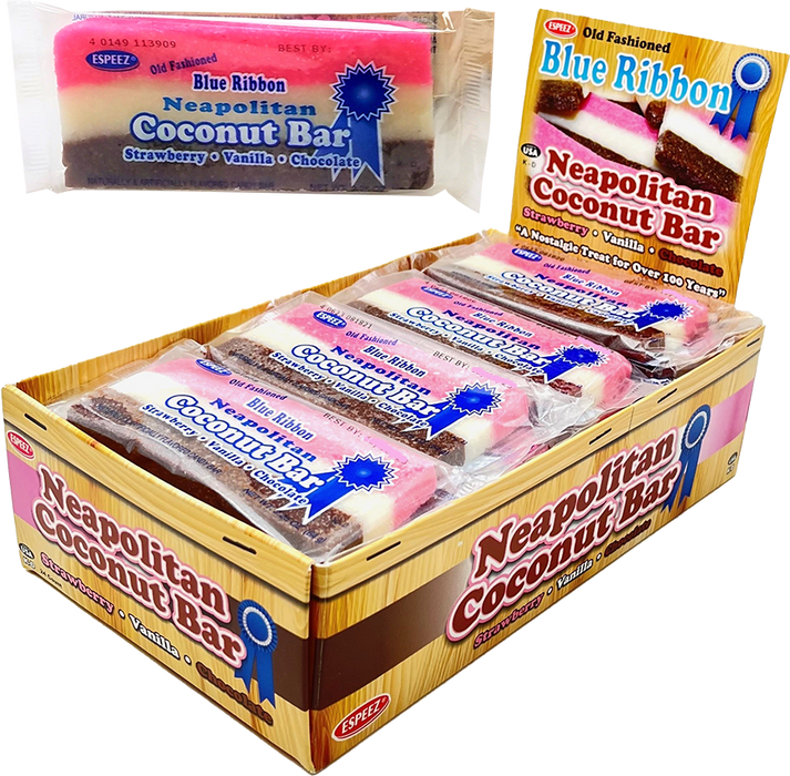 Blue Ribbon Neapolitan Coconut Bar 2.25oz Strawberry Vanilla Chocolate 24ct box