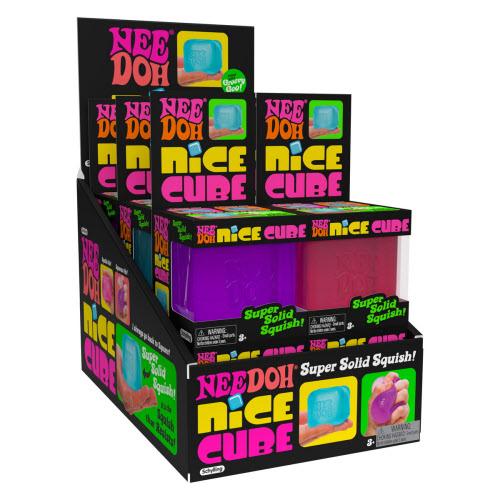 Display of Needoh Nice Cube packaging with colorful text and graphics.