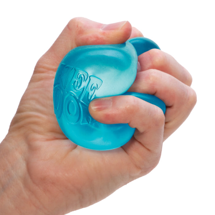 Hand holding a blue stress ball with a visible brand logo on a white background