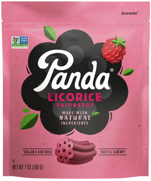 A 7 oz bag of Panda Licorice Raspberry candy. The packaging features a pink background with a large black raspberry graphic in the center, white and pink branding, and illustrations of a raspberry and green leaves.