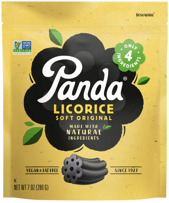 A 7 oz stand-up pouch of Panda Licorice Soft Original gummies. The packaging is a textured mustard yellow with a large black cloud graphic in the center, white 'Panda' branding, green leaves, and a small green badge that says 'Only 4 Ingredients'.