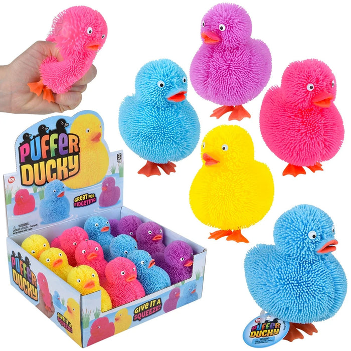 Colorful puffer ducky toys with packaging on a white background