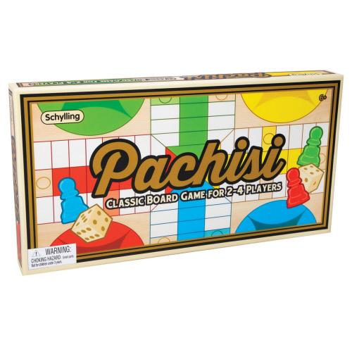 Pachisi board game box with colorful design and Schylling branding on a white background