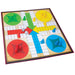 Colorful board game with pieces and dice on a white background